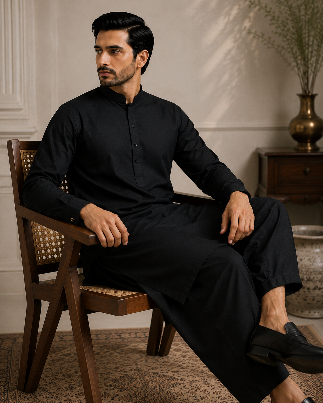 Black tailored outfit illustrating Raja Attire fabric styling