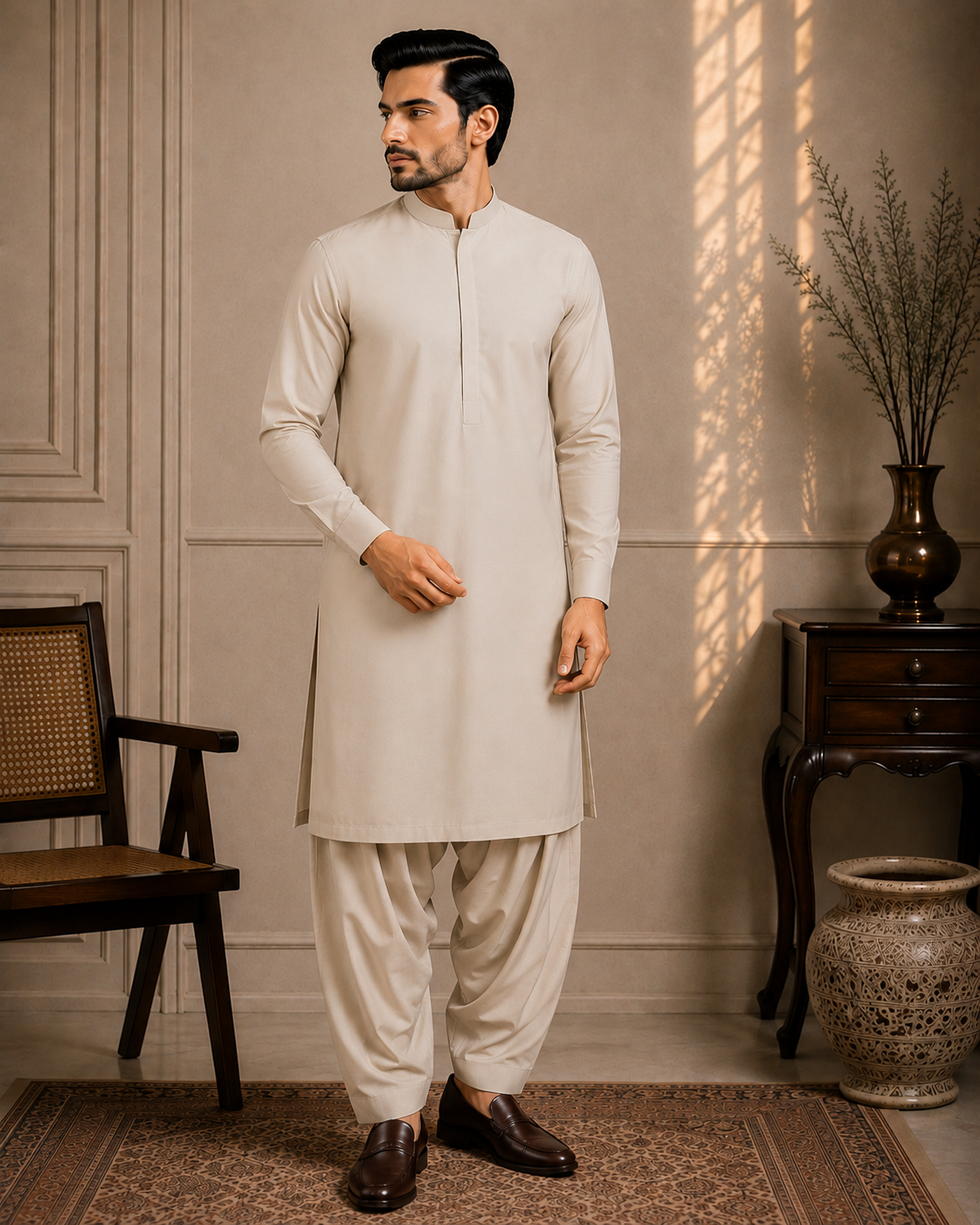 Premium Beige Unstitched Shalwar Kameez Suit