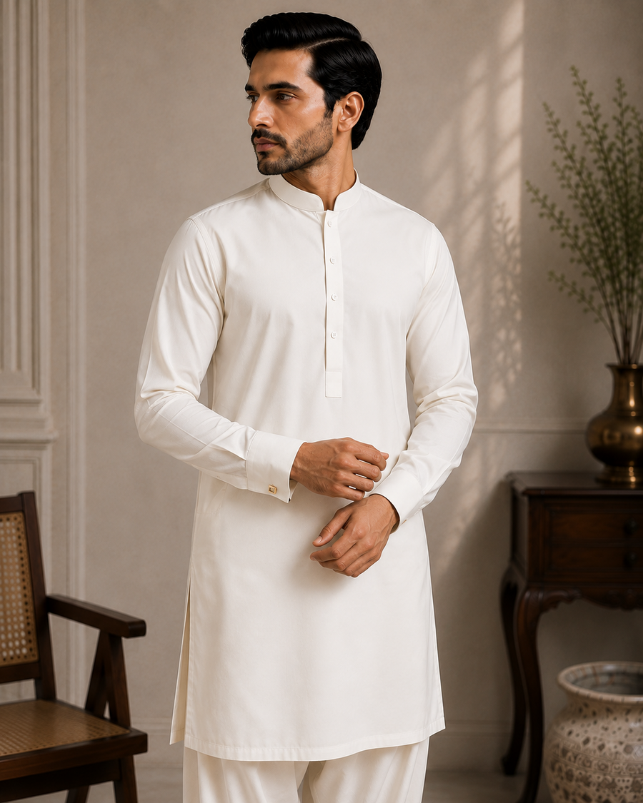 Pearl Off-White Classic Shalwar Kameez – Unstitched