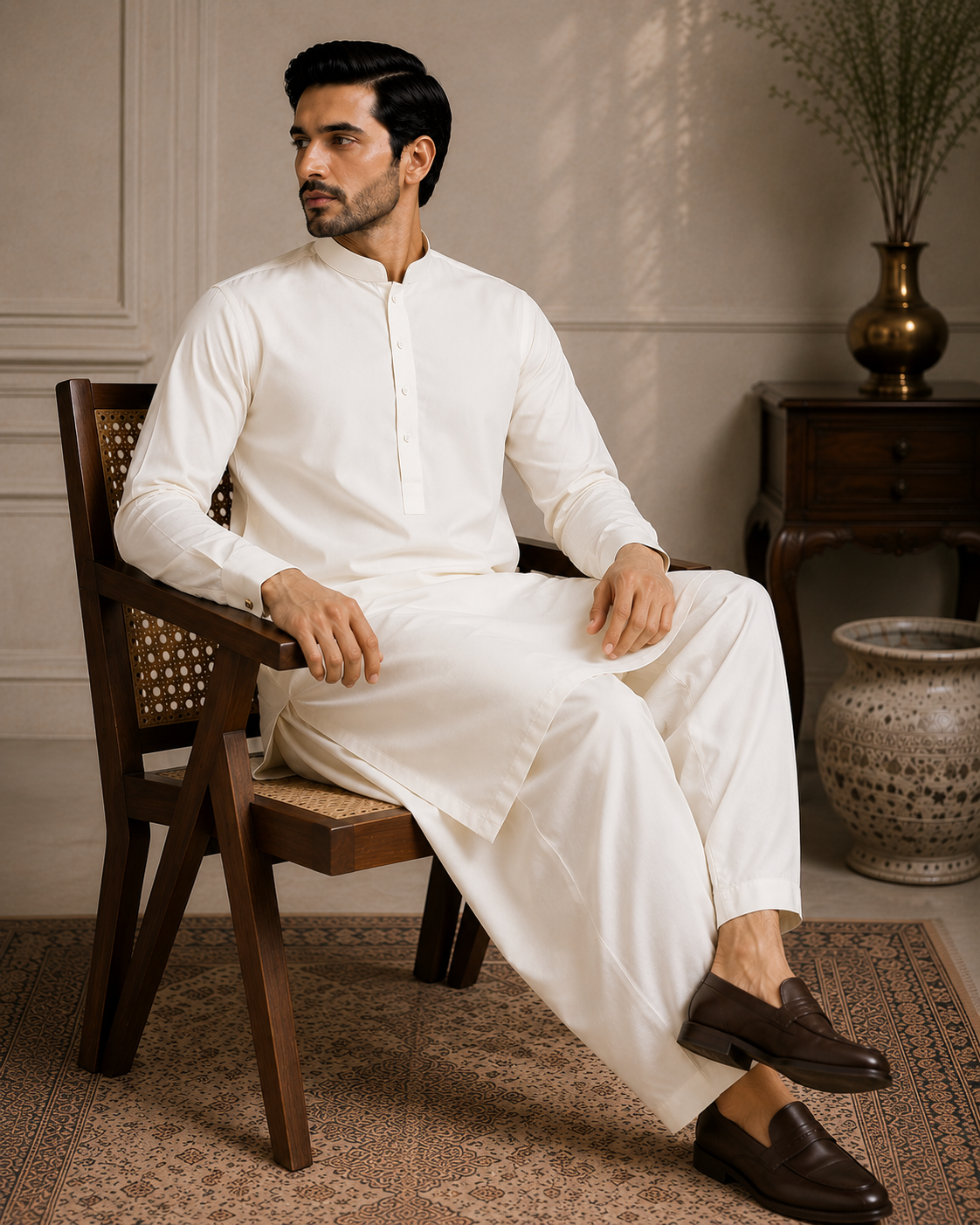 Seated styling reference for Pearl Off-White men's unstitched fabric