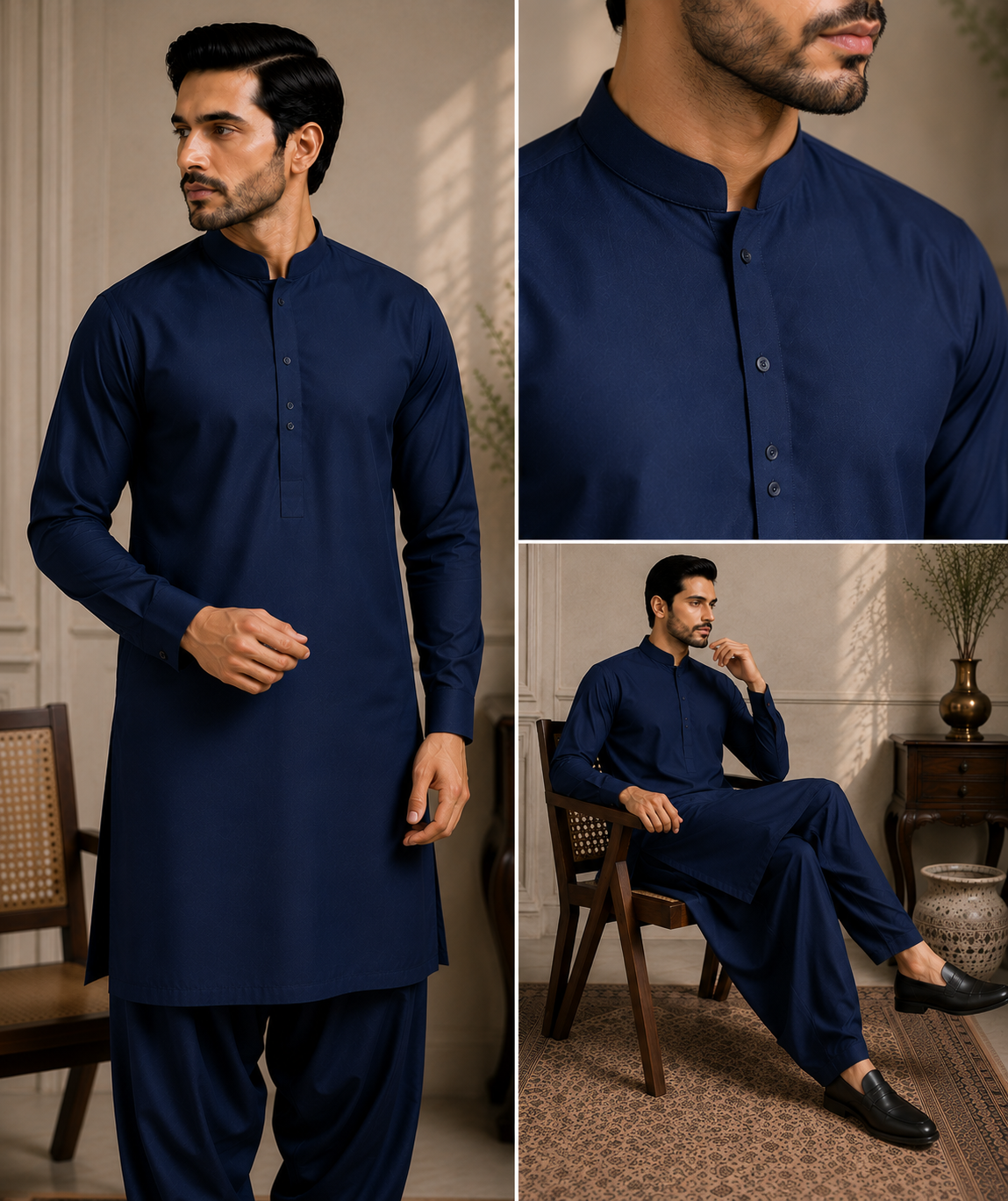 Regal Navy men's unstitched fabric tailoring inspiration and detail views