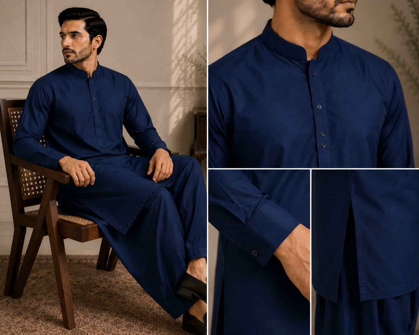 Regal Navy fabric styling reference with close-up texture and tailoring details