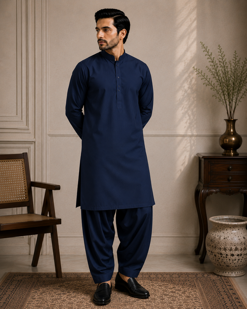 Regal Navy men's unstitched fabric shown as a tailored shalwar kameez styling reference