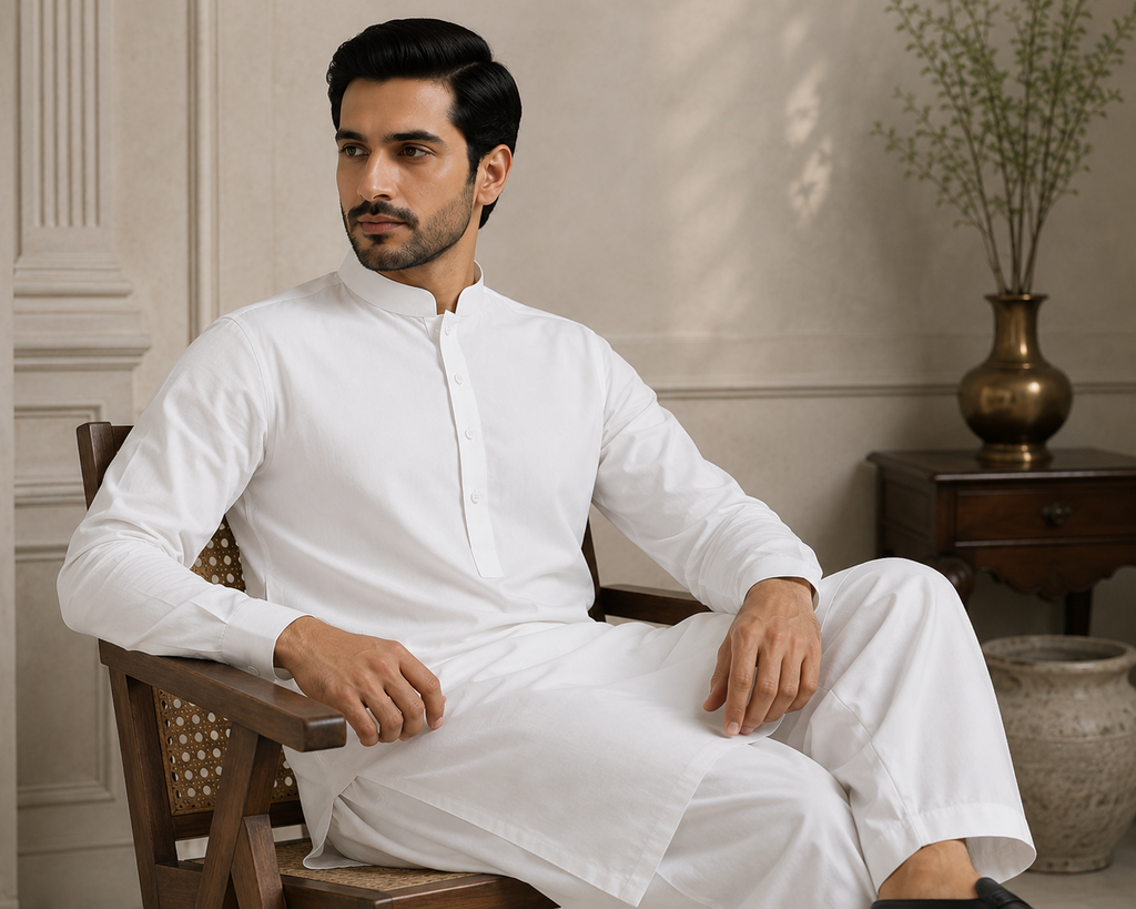Ivory Grace men's unstitched fabric styled outfit inspiration – seated view